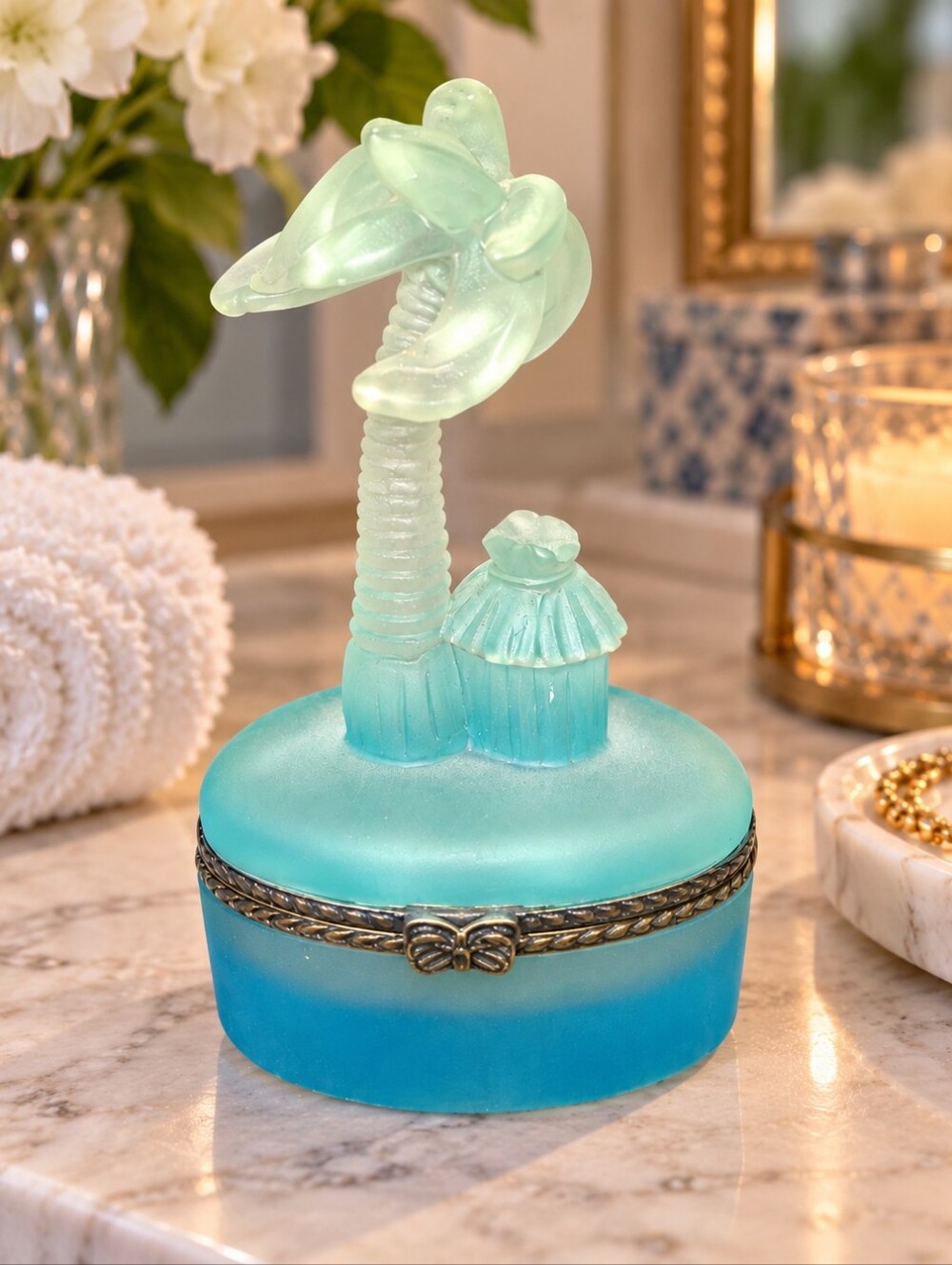 Vintage Aqua Blue Resin Trinket Box Palm Tree Tropical Hut Hinged